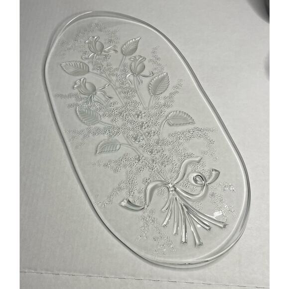 Fleur by William Fraser Oval Glass Canape Tray Etched Floral 15.75" - Picture 10 of 10